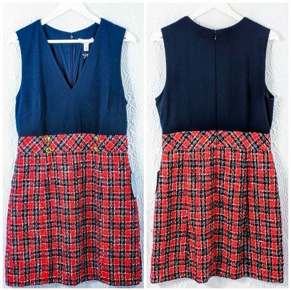 1901 Plaid Mixed Media V-Neck Sleeveless Dress